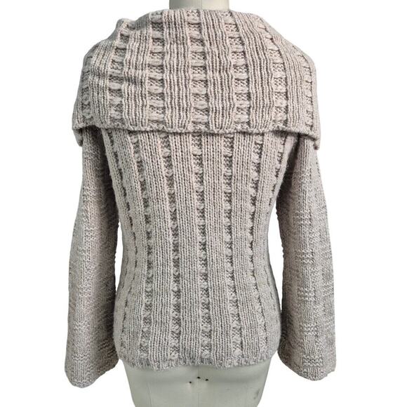 Silvia Novelli Sz L Tan Wool Blend Sweater Cable knit Oversized High Cowl Collar - Picture 2 of 7